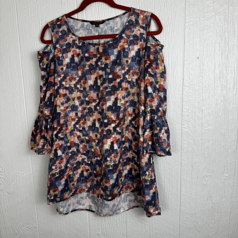 John Mark Multicolor Abstract Cold Shoulder Top 3/4 Sleeve Size Medium Artsy - Picture 8 of 8